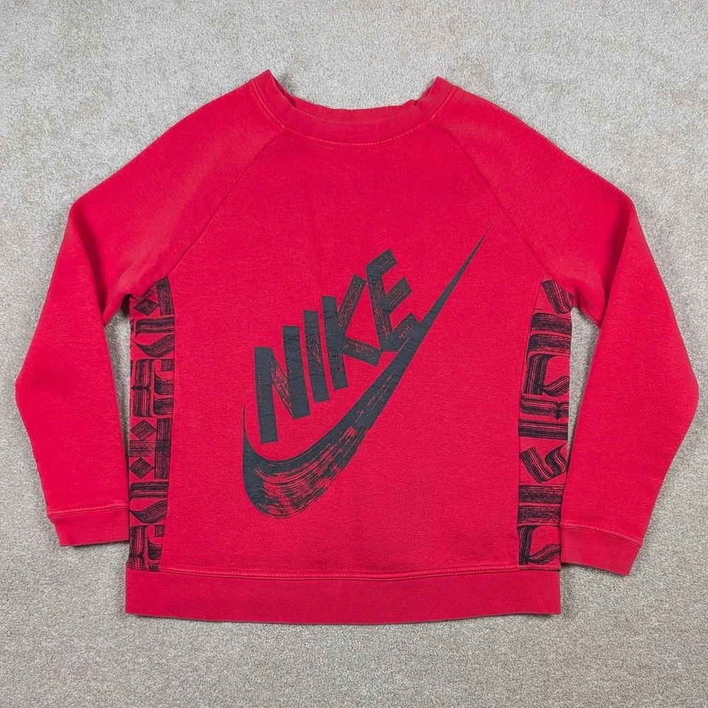 Nike Sweatshirt Youth Medium Red Fleece Pullover Big‎ Swoosh Logo Graphic Print